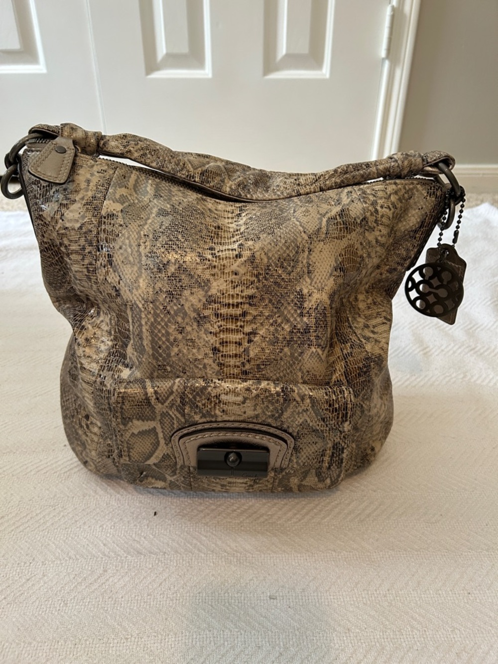Kristen Python Coach Hobo Bag in Taupe and Black